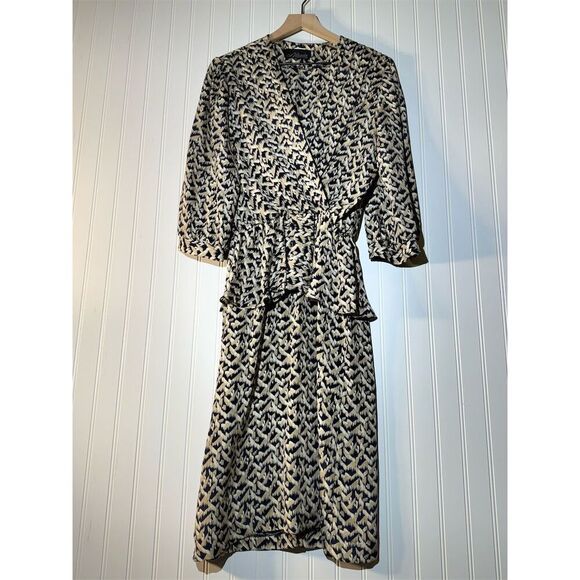 VTG Alexis Wrap Dress Size 4 80s Peplum Abstract Artsy Print Midi Retro Chic - Picture 2 of 8